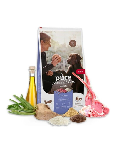 MERA Dog Pure Sensitive Adult Lamb Rice 4 kg aviena ir ryžiai, sausas maistas jautriems šunims