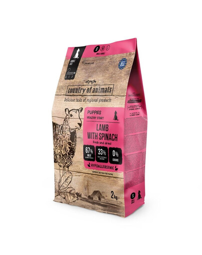 COUNTRY OF ANIMALS Puppies Lamb with Spinach S 2 kg ėriuko mėsa su špinatais, sausas maistas šuniukams