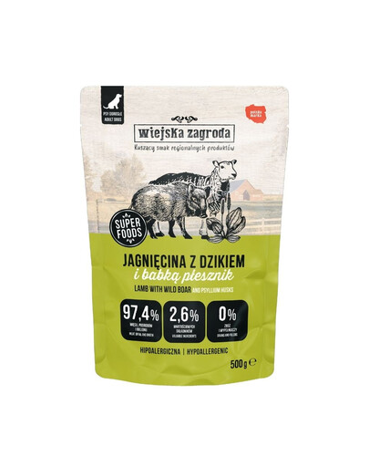 WIEJSKA ZAGRODA Duo Avienos ir šerno mėsos drėgnas šunų maistas, 500 g