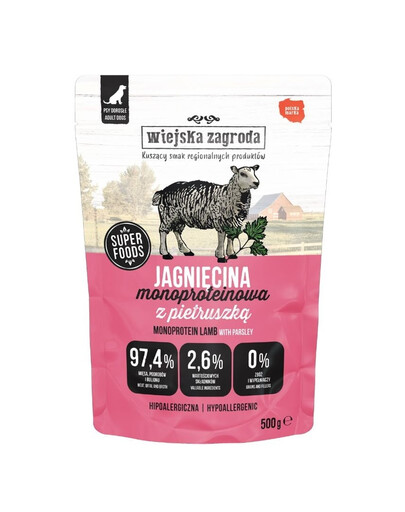 WIEJSKA ZAGRODA Monoproteininis drėgnas maistas šunims su aviena, 500 g