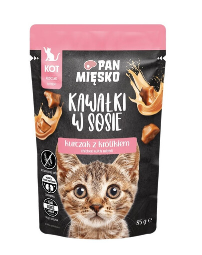 PAN MIĘSKO Gabaliukai padaže Vištiena su triušiu drėgnas maistas kačiukams 85g
