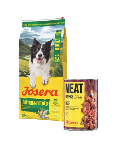 JOSERA Salmon and Potato Adult 12,5kg Be grūdų šunų ėdalas, skirtas šunims su jautria skrandžio gleivine + 800 g skardinė NEMOKAMAI