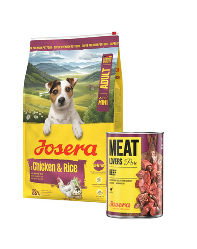 JOSERA Mini Adult Chicken and Rice 10kg glitimo neturintis maistas mažų veislių šunims + 800 g skardinė NEMOKAMAI