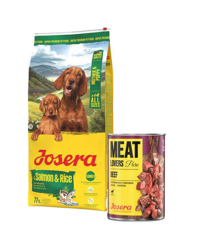 JOSERA Mother and Puppy Salmon with Rice 12,5kg skirta šuniukams, nėščioms ir žindančioms kalėms + 800 g skardinė NEMOKAMAI