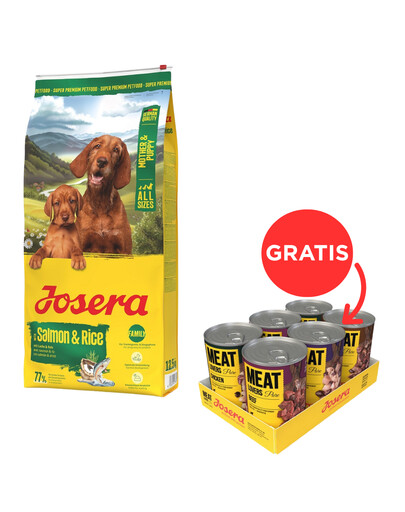 JOSERA Mother and Puppy Salmon with Rice 12,5kg skirta šuniukams, nėščioms ir žindančioms kalėms + JOSERA Meat Lovers Pure Multipack 6x400g šlapias šunų maistas NEMOKAMAI