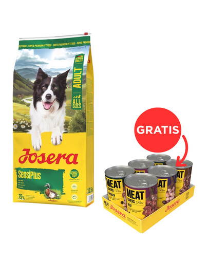 JOSERA SensiPlus 12,5kg skirta šunims su jautria virškinimo sistema + JOSERA Meat Lovers Pure Multipack 6x400g šlapias šunų maistas NEMOKAMAI