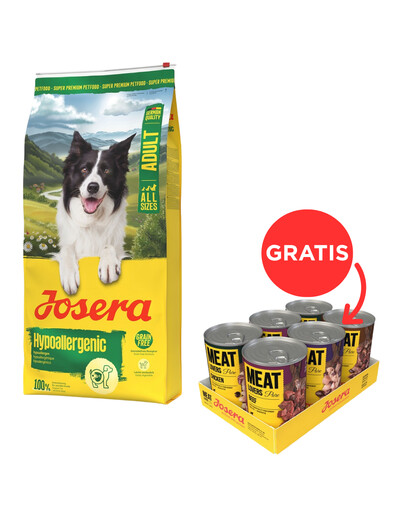 JOSERA Hypoallergenic Adult 12,5kg Be grūdų ėdalas jautriems šunims su vabzdžiais + JOSERA Meat Lovers Pure Multipack 6x400g šlapias šunų ėdalas NEMOKAMAI