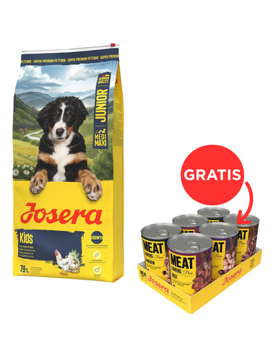 JOSERA Junior Kids 12,5kg jauniems vidutinio ir didelio dydžio veislių šunims + JOSERA Meat Lovers Pure Multipack 6x400g šlapias šunų maistas NEMOKAMAI