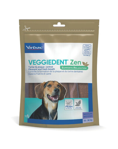 VIRBAC VeggieDent Zen M – Dantų kramtukai ir antistresiniai kramtukai vidutinio dydžio šunims (10–30 kg), 15 vnt.