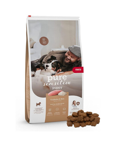MERA Pure Sensitive Puppy 12,5 kg su kalakutiena ir ryžiais, begluteniška sausa maistas šuniukams