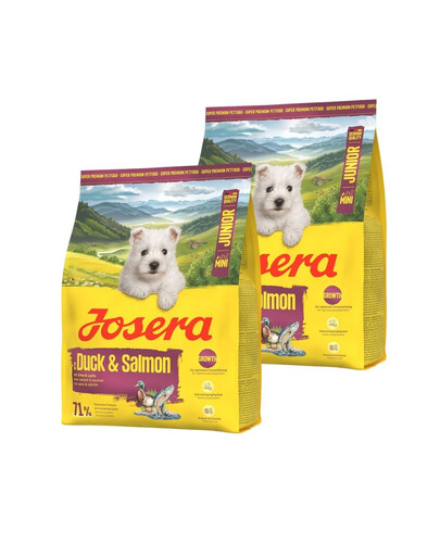 JOSERA Duck and Salmon Junior Mini 2x900g siekiant užtikrinti tinkamą mažų veislių šuniukų vystymąsi