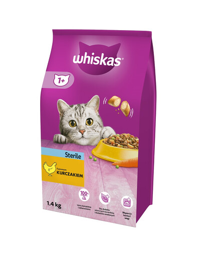 WHISKAS Sterile 3x1.4 kg sausas maistas su vištiena sterilizuotoms katėms