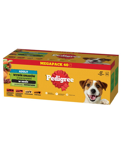 PEDIGREE Adult „Wybór Smaków“ su daržovėmis, 120x100 g maišeliai – visavertis šlapias maistas suaugusiems šunims: su jautienos ir ėrienos mišiniu, su jautienos ir kepenėlių mišiniu, su vištiena, su kalakutiena, padaže + 40 maišelių NEMOKAMAI