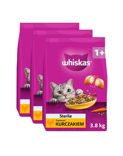 WHISKAS Sterile su skaniu vištienos skoniu, 3 x 3,8 kg, sausas kačių ėdalas
