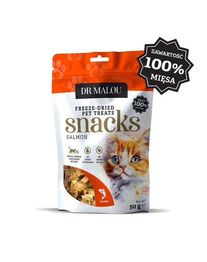DR MALOU Mėsos kubeliai iš 100 % liofilizuotos lašišos mėsos, 2 x 50 g, skanėstai katėms