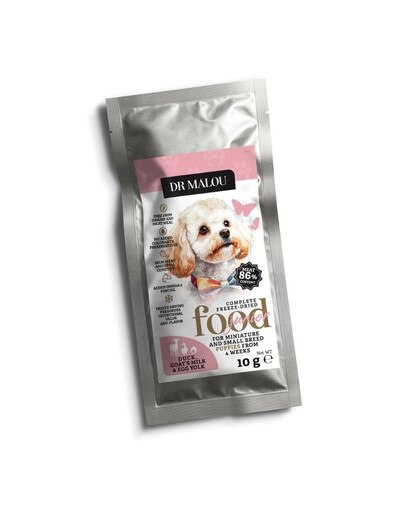 DR MALOU Puppies Liofilizuotas maistas „Antis su ožkos pienu ir kiaušinio tryniu“ – 2 x 10 g sausas maistas šuniukams