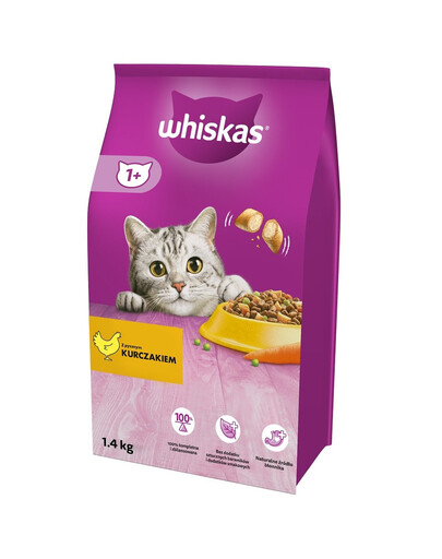 WHISKAS Adult 3x1,4 kg sausas visavertis maistas suaugusiems katėms su skaniu vištienos skoniu