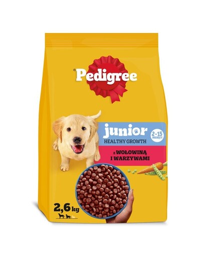 PEDIGREE Junior su jautiena ir daržovėmis, 3 x 2,6 kg sausas maistas vidutinių ir didelių veislių šuniukams