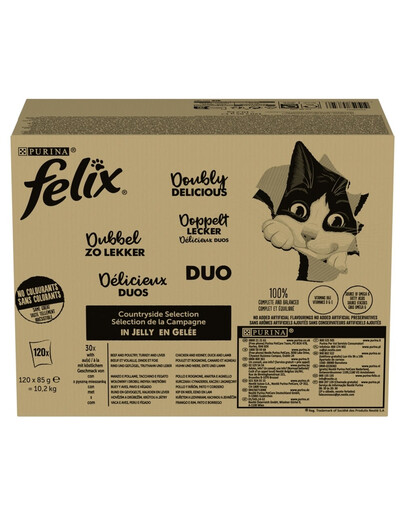 FELIX Fantastic DUO Mix Kaimo Skoniai želė 240x85g jautiena ir paukštiena, kalakutiena ir kepenėlės, vištiena ir inkstai, antis ir aviena, drėgnas maistas katėms