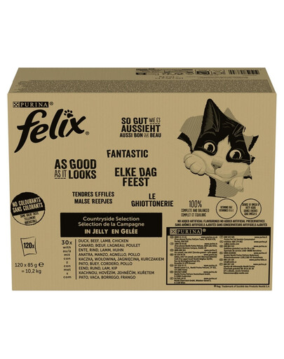 FELIX Fantastic „Wiejskie smaki“ želė, mėsos rinkinys 240x85 g (jautiena, vištiena, antis ir ėriena), šlapias kačių pašaras