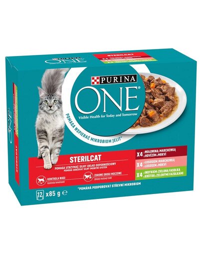 PURINA ONE Sterilcat 24x85g su jautiena ir morkomis, su lašiša ir morkomis, su kalakutiena ir žaliosiomis pupelėmis, drėgnas maistas katėms po sterilizacijos
