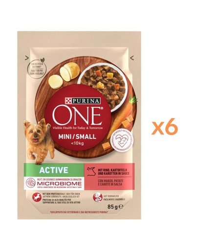 PURINA ONE Mini Small Active Beef 6x85g z wołowiną i ziemniakami w sosie, mokra karma dla małych psów