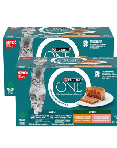 PURINA ONE Adult Terrine 8x85g su vištiena ir morkomis bei su lašiša ir morkomis, drėgnas maistas katėms