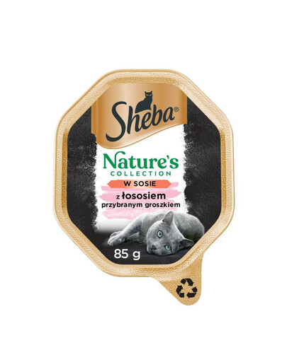 SHEBA Nature’s Collection dėžutės 22 x 85 g, visavertis šlapias pašaras suaugusioms katėms – gabalėliai su lašiša, pagardinti žirneliais padaže.