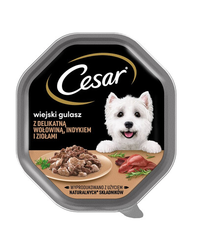 CESAR  28 x 150 g Visavertis šlapias ėdalas suaugusiems šunims padaže su švelnia jautiena, kalakutiena ir žolelėmis nuo 14 metų. Nemokamai.