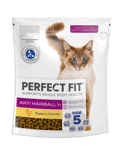 PERFECT FIT Antihairball 1+ 6 x 750 g visavertis sausas pašaras suaugusioms katėms, turintis daug vištienos, 4+2 GRATIS.