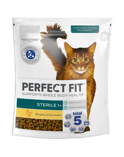 PERFECT FIT Sterile 1+ 6 x 750 g visavertis sausas pašaras suaugusioms katėms, turintis daug vištienos, 4+2 GRATIS.