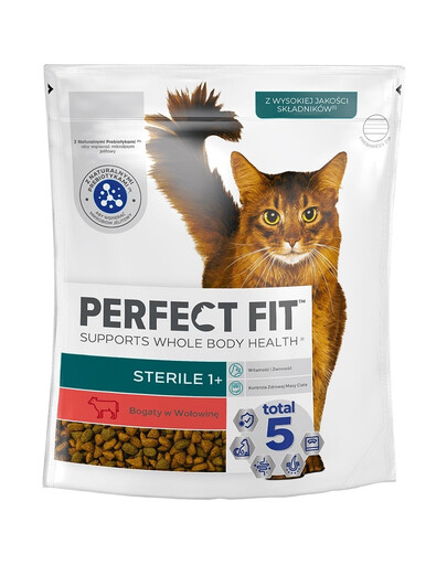 PERFECT FIT Sterile 1+ 6 x 750 g visavertis sausas pašaras suaugusioms katėms, turintis daug jautienos, 4+2 GRATIS.