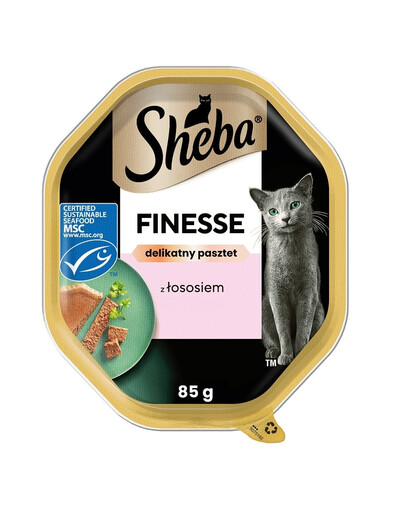 SHEBA Finesse dėžutės 44 x 85 g, visavertis šlapias pašaras suaugusioms katėms su lašiša (muse), 22+22 GRATIS