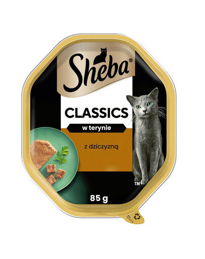 SHEBA Classics dėžutės 44 x 85 g, visavertis šlapias pašaras suaugusioms katėms su žvėriena (terinoje), 22+22 GRATIS.