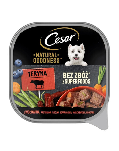 CESAR Natural Goodness Mus 28 x 100 g visavertis šlapias maistas suaugusiems šunims su jautiena, šparaginėmis pupelėmis, morkomis ir uogomis 14+14 NEMOKAMAI