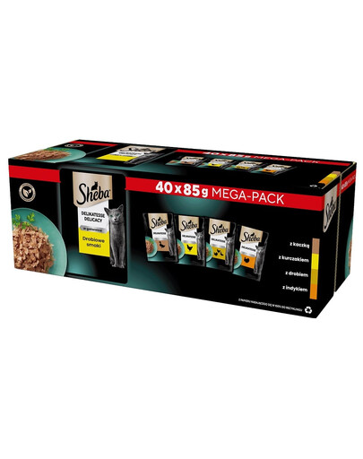 SHEBA Delicacy paukštienos skonių paketėliai želė, 4 x 40 x 85 g, visavertis šlapias pašaras suaugusioms katėms – gabalėliai su antiena, vištiena, paukštiena ir kalakutiena, 3+1 GRATIS.