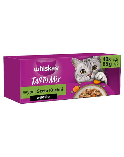 WHISKAS Suaugusiųjų Skanių Mišinių Šefų Pasirinkimas 4 x 40x85 g drėgnas maistas visaverčiam suaugusių kačių maistui padaže 3+1 DOVANA