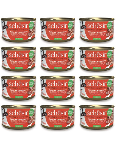 SCHESIR tunas su krevetėmis želatinoje katėms, 12 x 85 g