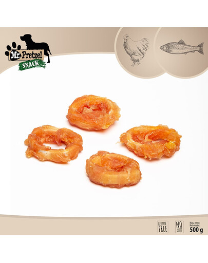 MR. PRETZEL Vištienos ir žuvies žiedai 500g skanėstas šuniui