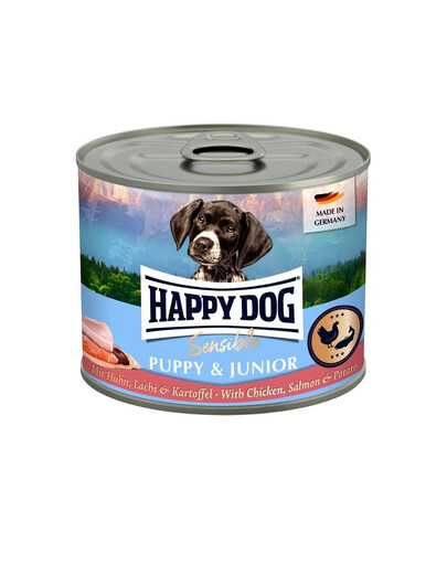 HAPPY DOG Sensible Puppy Junior Vištiena, lašiša ir bulvės – 200 g drėgnas maistas šuniukams ir jauniems šunims