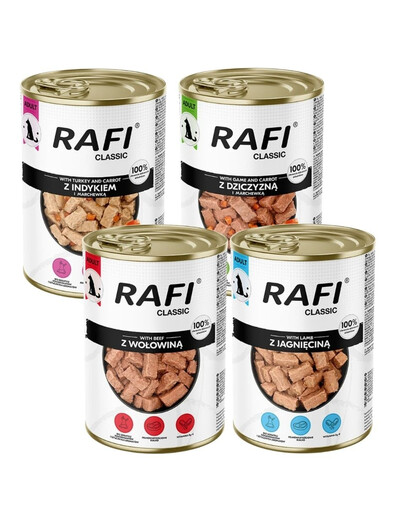 RAFI Classic Mix skonių padažuose 4x1240 g šlapias maistas visų veislių šunims