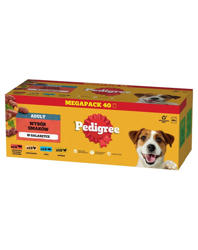 PEDIGREE Adult „Wybór Smaków“ pakeliai (4 x 40 x 100 g) – visavertis šlapias maistas suaugusiems šunims: su jautienos ir kepenėlių mišiniu, su vištiena, su žuvimi, su paukštiena, želatinoje – 3 + 1 NEMOKAMAI