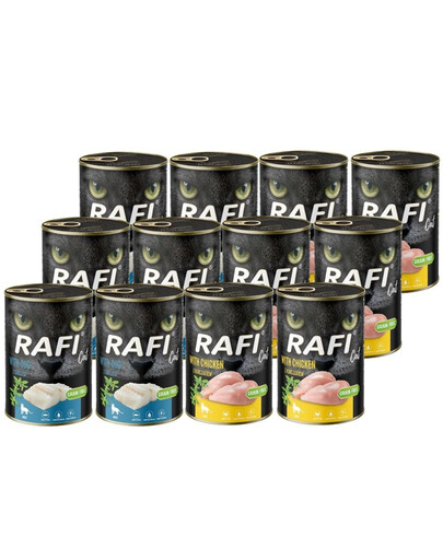 RAFI Cat Adult Mix 12 x 400 g skonių su menke ir vištiena, šlapias maistas katėms