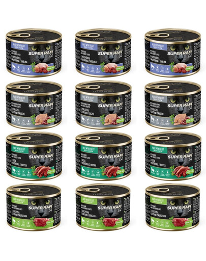 SUPER RAFI Cat Mix 4 skoniai 12 x 185 g šlapias kačių maistas