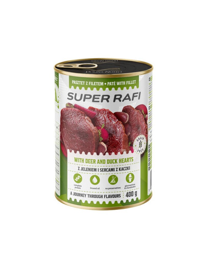SUPER RAFI su elniais ir anties širdimis 400 g drėgnas maistas šunims