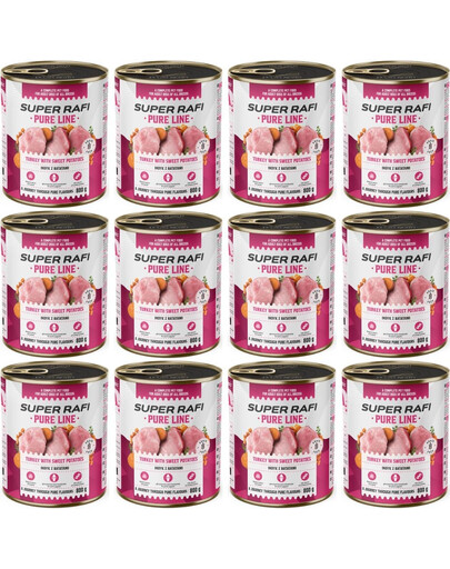 SUPER RAFI Pure Line Kalakutiena su batatais, 12 x 800 g, šlapias šunų maistas