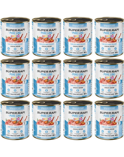 SUPER RAFI Pure Line Junior Avienos ir batatų 12x800 g šlapias maistas šuniukams ir jauniems šunims