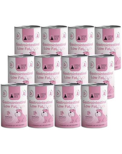 PAKA ZWIERZAKA PEPE Vet Gastrointestinal Low Fat Duck 12x400 g šlapias šunų maistas, gerinantis virškinimo sistemos veiklą