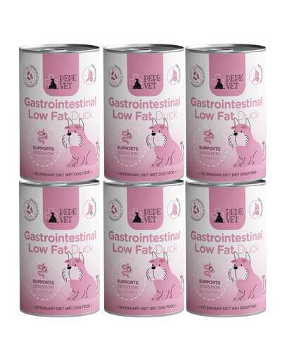 PAKA ZWIERZAKA PEPE Vet Gastrointestinal Low Fat Duck 6x400 g šlapias šunų maistas, gerinantis virškinimo sistemos veiklą