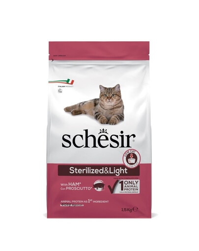 SCHESIR Original Sterilized and Light 1,5 kg kumpio skonio sausas maistas katėms po sterilizacijos, lengvai virškinamas